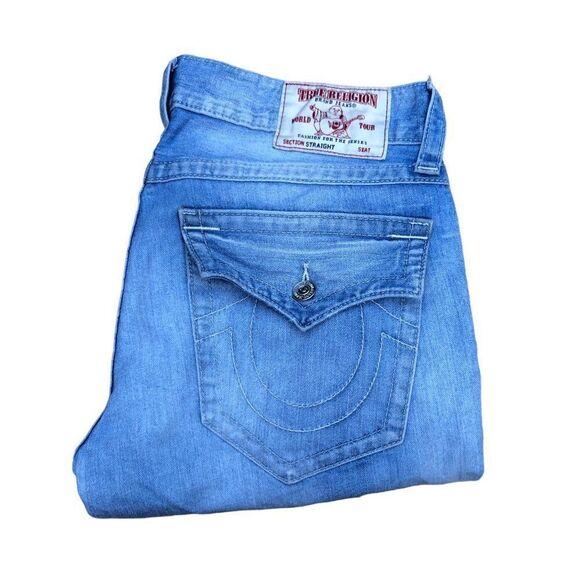 TRUE Religion Jeans Size 34 STRAIGHT White Stitch Blue - Picture 6 of 10